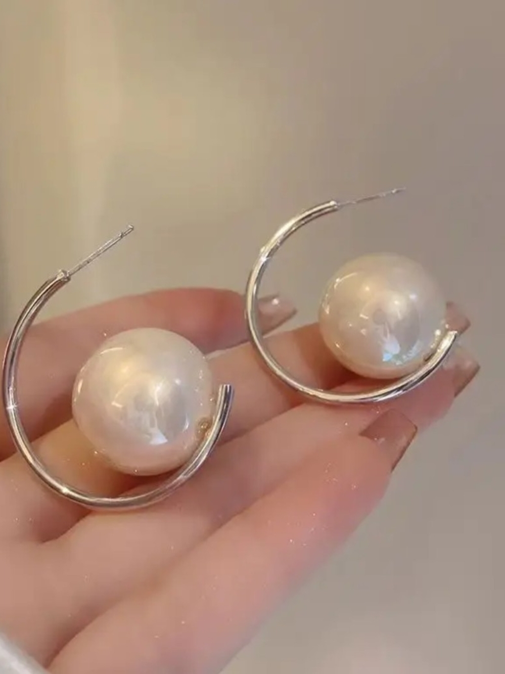White Rhodium Hoop Earrings with White Pearl Accent